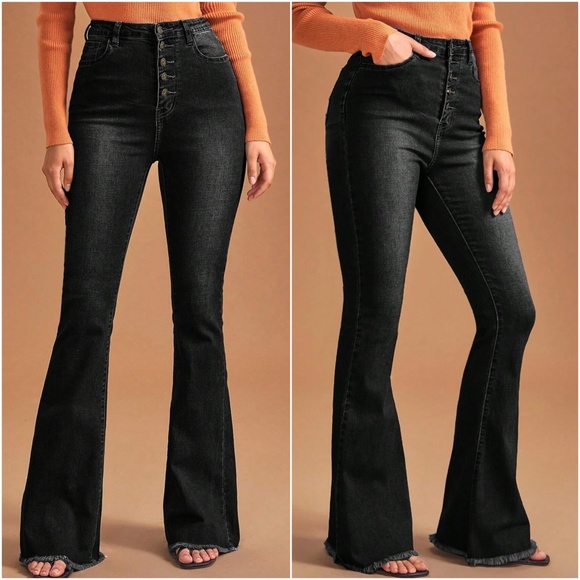 Dark Wash Button Fly High Waisted denim bell bottom Jeans - Picture 4 of 6